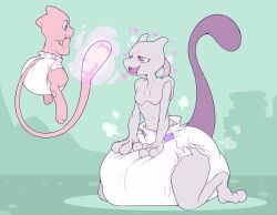 3_toes ageplay big_diaper blue_eyes bodily_fluids bubblepuppers clothing diaper diaper_fetish drooling duo felid happy hypnosis hypnotic_eyes kneeling long_tail mental_regression mew mewtwo open_mouth open_smile pokemon psychic_powers purple_eyes roleplay white_diaper