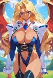 2d ai_generated bastard!! big_breasts blonde_hair blue_eyes bodysuit dark-skinned_female long_hair michael_(bastard!!) outdoors solo solo_female solo_focus tagme thighhighs wings