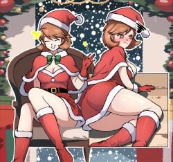 1girls atlus blush breasts christmas damonfive0 embarrassed light-skinned_female light_skin megami_tensei panties pantyshot persona persona_3 santa_costume sega solo solo_female tagme yukari_takeba