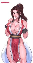 athletic athletic_female big_breasts breasts brown_eyes brown_hair busty cleavage erexpron fatal_fury female female_focus female_only fingerless_gloves hourglass_figure king_of_fighters kunoichi large_breasts long_hair mai_shiranui nintendo pinup pinup_pose ponytail snk tagme tunic wide_hips