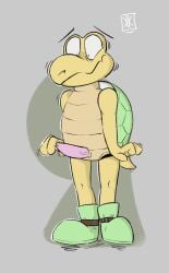 2024 3_fingers anthro biped clothing embarrassed erection fingers floating_eyebrows footwear genitals green_clothing green_footwear green_koopa_troopa green_shell green_shoes grey_background hi_res kickingkeldeo koopa koopa_troopa looking_down male mario_(series) nintendo penis pink_penis scalie shadow shell shoes signature simple_background solo standing tapering_penis yellow_body yellow_skin