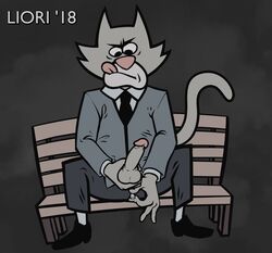 anthro balls bench clothed clothing domestic_cat erection felid feline felis footwear hi_res humanoid_penis jackbox_games legwear male male_only mammal mayonnaise_(jackbox) necktie penis redo_(artist) shoes signature sitting socks solo split_the_room suit the_jackbox_party_pack_5 tongue tongue_out watermark