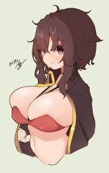 1girls alternate_breast_size big_breasts bikini_top blush breast_squish breasts brown_hair female female_only kono_subarashii_sekai_ni_shukufuku_wo! large_breasts megumin navel red_eyes short_hair short_hair_with_long_locks solo spy_artservice