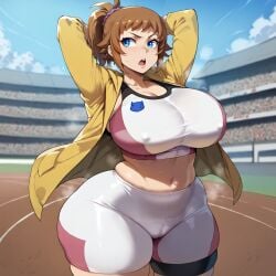 ai_generated arms_behind_head gundam_build_fighters gym_uniform hoshino_fumina massive_breasts nipple_bulge smogai sportswear sweating thick_thighs voluptuous_female