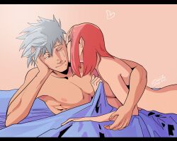 1boy 1girls female grabbing_sheets grey_hair hatake_kakashi male male/female naruto naruto_(series) naruto_shippuden nude pink_hair sakura_haruno scar_across_eye sheet_grab sheets shirtless straight suggestive teacher_and_student topless younger_female