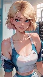 ai_generated bare_shoulders belly blonde_hair blue_eyes breasts fully_clothed gwen_stacy gym short_hair sports_bra sweat sweaty_body sweaty_breasts sweaty_face