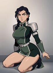1girls ai_generated airtbad armor avatar_legends belt black_eyes black_hair boots braid braided_ponytail breasts closed_mouth clothing earth_kingdom female footwear full_body grey_background hair_over_shoulder kneeling kuvira large_breasts long_hair long_sleeves looking_at_viewer military military_uniform shoes single_braid skirt solo sweatdrop the_legend_of_korra thighs tied_hair uniform