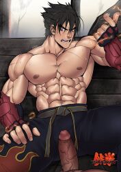 abs balls bandai_namco bara biceps big_bulge big_penis bulge clothing erection gay jin_kazama kazama_jin male male/male male_nipples male_only muscular_male nipples pecs penis penis_outline suyohara sweat sweating tekken