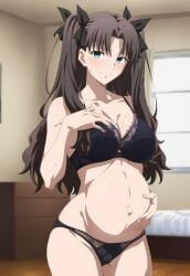 1girl ai_generated blue_eyes blush dark_hair fate/stay_night fate_(series) female happy lingerie only_female pregnant pregnant_female smile tofuro tohsaka_rin