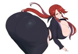 1boy ai_generated bottom_heavy dumptruck_ass glasses huge_ass lorelei_(pokemon) mature_female mullon novelai pokemon pokemon_hgss red_hair simple_background solo that_ass_was_fat