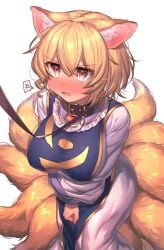 1girls anger_vein big_breasts blonde_hair female femsub fox_ears fox_girl fox_tail hat highres kitsune leash leash_and_collar masanaga_(tsukasa) multi_tail ran_yakumo rope shibari_over_clothes solo_focus speech_bubble standing tabard tagme tail tears touhou