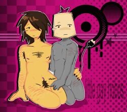 2boys awkward_pose background body_hair complex_background holding_hips infected_(regretevator) lampert_(regretevator) looking_at_viewer looking_down losergirl6 posing regretevator roblox scars self_harm_scars sitting text top_surgery_scars touching_thigh