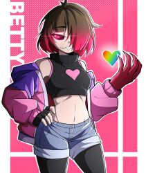 bete_noire betty_noire black_thighhighs blue_pants brown_hair glitchtale jacket monster_girl pants pink_background pink_eyes pink_hair pink_jacket purple_jacket sharp_teeth short_hair thighhighs white_background