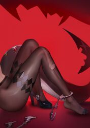 1girls barefoot belly_button black_stockings ellen_joe female handcuffs hle legs light-skinned_female light_skin pale_skin ripped_stockings shark_tail shoe sticker stockings_only tail thighs victoria_housekeeping zenless_zone_zero