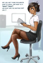 1girls black_skirt breasts brown_eyes brown_hair chair drooling earrings english_text hair_bun hairclip high_heels holding_paper holding_pen hypnosis lewd-zko office_lady original pantyhose paper pen pencil_skirt shirt sitting_on_chair skirt small_breasts swivel_chair text white_shirt wristwatch