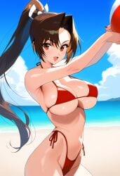 2d ai_generated beach beach_ball big_breasts bikini day fatal_fury female_focus hellblueboy4 king_of_fighters mai_shiranui micro_bikini outdoors ponytail red_bikini solo solo_female solo_focus tagme