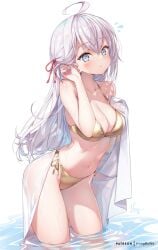 ahoge alisa_mikhailovna_kujou ass_visible_through_thighs bare_arms bare_belly bare_legs bare_shoulders bare_thighs belly_button big_breasts bikini blue_eyes blush breasts cleavage collarbone gold_bikini grey_hair hair_ribbon holding_towel hong_(white_spider) legs_in_water long_hair mouth_closed russian_girl shiny_skin side-tie_bikini_bottom thighs tokidoki_bosotto_russian_de_dereru_tonari_no_alya-san towel wet_body wet_towel