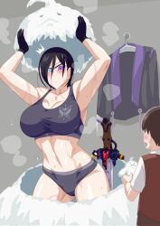 1boy 1girls athletic athletic_female blue_eyes kanisuka_rita mascot mascot_costume multicolored_eyes ohsama_sentai_king-ohger otokam1117 sports_bra steam steaming_body super_sentai superheroine sweat sweatdrop undressing