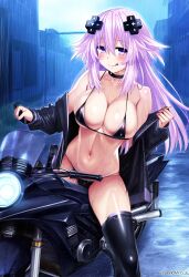 adult_neptune ai_generated bare_shoulders big_breasts bikini blush breasts choker cleavage d-pad_hair_ornament licking_lips light_skin long_hair looking_at_viewer motorcycle neptunia_(series) nepunep outdoors purple_eyes purple_hair raining shiny_skin solo thighhighs undressing wet