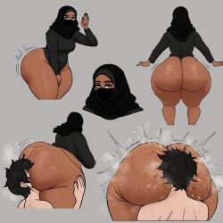 ai_generated arab arab_female arabian_female ass_worship big_butt catcalling cougar dominant_female face_mask fat_ass femdom hijab hijabi huge_ass mask masked_female mature_female milf muslim muslim_female seducing seduction seductive_look seductive_smile sweat sweaty_butt twerking twerking_on_face younger_male