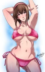 2015 armpits arms_up athletic athletic_female big_breasts bikini blue_eyes breasts brown_hair busty butcha-u cleavage dead_or_alive dead_or_alive_xtreme_beach_volleyball eroquis female female_focus female_only hairband hitomi_(doa) hourglass_figure human navel short_hair smile solo standing sweat tagme tecmo underboob wide_hips