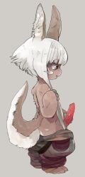 anthro clothed clothing genitals hi_res holding_penis liteu made_in_abyss male nanachi partially_clothed penis side_view solo tail tapering_penis