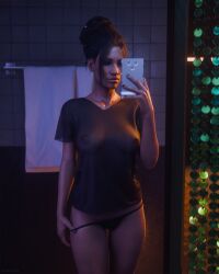 1girls 3d 3d_(artwork) areolae bathroom bathroom_selfie black_shirt breasts breasts_visible_through_clothing brown-skinned_female cd_projekt_red cyberpunk_2077 dark-skinned_female duckface ecksoh mirror_selfie native_american_female panam_palmer panties panties_down panties_pull pinup puckered_lips pulling_down_panties pulling_panties selfie solo solo_female t-shirt tagme thighs translucent_clothing transparent_clothing undressing_self