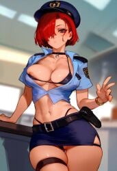 a1exwell ai_generated areola_slip female police_uniform policewoman stable_diffusion thongstraps unbuttoned_shirt