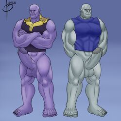 2boys 5_toes abs bayron_(artist) big_balls big_penis boner bottomless darkseid dc erection male male_only marvel mrisolet muscles pecs thanos yaoi