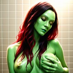 1girls ai_generated areolae breasts closed_eyes female female_only gamora grabbing_breast green_lips green_skin guardians_of_the_galaxy hand_on_breast long_hair marvel marvel_cinematic_universe naked naked_female nipples nude nude_female red_hair shower showering solo_female water wet wet_body wet_hair