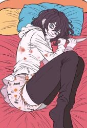 abdl blood blood_stain color diaper frills hoodie incontinence jeff_the_killer kiddygartener knife looking_at_viewer thigh_highs thighhighs