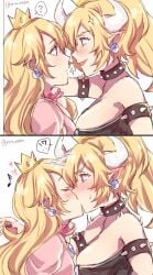 !? 2koma armlet bare_shoulders black_collar black_dress black_nails blonde_hair blue_eyes blush borrowed_design bowsette breasts cleavage closed_eyes collar comic commentary_request crown dress earrings female fingernails from_side highres horns jewelry kissing large_breasts looking_at_another mario_(series) nail_polish new_super_mario_bros._u_deluxe nintendo open_mouth pink_dress pointy_ears princess_peach rule_63 sharp_fingernails sharp_teeth sparkle spiked_armlet spiked_collar spikes spoken_interrobang strapless strapless_dress super_crown surprised sweatdrop teeth transformation wholesome yukari_(bryleluansing) yuri