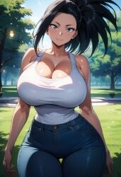 1girls ai_generated big_breasts black_eyes black_hair breasts cleavage collarbone female female_focus female_only kemonogirls large_breasts momo_yaoyorozu my_hero_academia thighs tied_hair yaoyorozu_momo