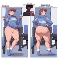 1boy annabelle_murphy_(jamesab) big_ass bottomless brown_hair dark-skinned_male female female_focus fruit_basket_(jamesab) huge_ass jamesab ken_bobsins_(jamesab) medium_breasts no_panties original original_character short_hair sweater thighhighs wide_hips