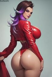 1girls activision ai_generated ass big_ass big_breasts blizzard_entertainment breasts cleavage female female_only gigantic_breasts half_shaved_head latina mexican_female overwatch overwatch_2 pixie_cut purple_hair solo sombra sulliedai thick_thighs tight_clothing wide_hips