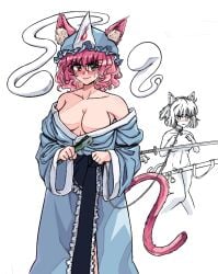 2girls breasts cat_ears cat_tail female_only jackyyeah kemonomimi mob_cap multiple_girls pink_hair touhou youmu_konpaku yuyuko_saigyouji