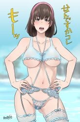 2019 blue_lingerie blue_stockings brown_hair butcha-u dead_or_alive dead_or_alive_xtreme_beach_volleyball eroquis female g-string garter_belt garter_straps hands_on_hips hitomi_(doa) large_breasts lingerie panties short_hair solo standing stockings tecmo thighhighs underboob