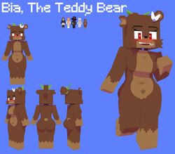 1girls 3d anthro bear bia_prowell_(slipperyt) blush breasts brown_fur brown_skin female female_only furry horny_female humanoid living_plushie looking_at_viewer mine-imator minecraft model model_sheet outside plushie red_eyes simple_background slipperyt solo tagme teddy_bear