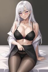 ai_assisted ai_generated black_bra black_panties blush blushing breasts cecil_(nikke) earrings eyebrows eyelashes goddess_of_victory:_nikke horns laboratory leggings looking_at_partner looking_at_viewer panties purple_eyes scientist tagme waiting_for_sex white_hair