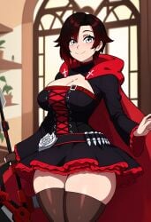 ai_generated cape cleavage dress dyed_hair female miniskirt red_hair ruby_rose rwby silver_eyes solo solo_focus thick_thighs thighhighs