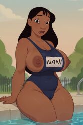 1girls ai_generated black_hair breasts breasts_out breasts_out_of_clothes cameltoe curvy curvy_figure dark-skinned_female dark_nipples dark_skin disney female human lilo_and_stitch looking_at_viewer massive_breasts name_tag nani_pelekai nipples pool school_swimsuit sideboob solo swimsuit tagme tight_clothing userisbad wardrobe_malfunction