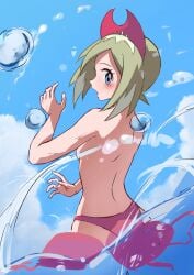 1girls artist_request back backboob bare_back bikini blush embarrassed female irida_(pokemon) lost_clothes pokemon pokemon_legends:_arceus small_breasts solo topless water
