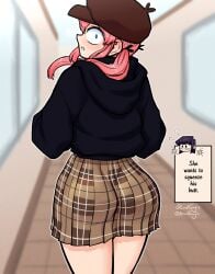 1boy ass ass_focus big_eyes crossdressing hat hoodie komi-san_wa_komyushou_desu komi_can't_communicate komi_shouko light-skinned_male light_skin looking_back lordguyis male male_only otoko_no_ko pink_hair plaid_skirt skirt tadano_hitohito thick_thighs thighs trap trapdano