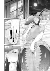 amano_jack animal_humanoid bed big_breasts blush bodily_fluids breasts comic covering_mouth covering_own_mouth draconcopode female fingering fingering_self furniture glistening glistening_body glistening_scales humanoid humanoid_pointy_ears kyabosean2 lamia masturbation moon naga night_sky nipple_outline on_bed pillow pussy reptile reptile_humanoid scales scalie scalie_humanoid serpentine snake snake_humanoid solo sweat thick_naga_hips thick_thighs