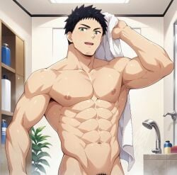 ai_generated bara gay muscles my_senpai_is_annoying naked pecs shower takeda_harumi_(shiromanta)