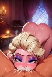 ai_generated cum_in_mouth deepthroat elsa_(frozen) fellatio frozen_(film) looking_at_viewer oral r.ai.ven