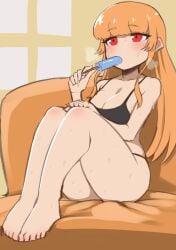 1girls big_breasts breasts cleavage human ice_cream kaori_(splatoon) light-skinned_female light_skin long_hair nintendo nobunagapero orange_hair popsicle red_eyes sofa splatoon sucking sweat sweating tagme tank_top wide_hips window