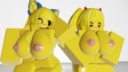 2girls baller big_breasts breasts female female_only lilix_rr34 naked naked_female nipples noob noob_(roblox) nude nude_female roblox robloxian tagme yellow_body