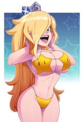 1girls big_breasts bikini blonde_hair blue_eyes clothed_female_nude_male female female_only hips light-skinned_female light_skin luma_bikini mario_(series) one_eye_visible open_mouth princess_rosalina ravenravenraven smiling surprised_expression thick_thighs white_skin