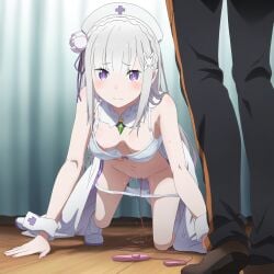 ai_generated aivime big_breasts elf_female emilia_(re:zero) long_hair natsuki_subaru nurse_clothing nurse_uniform purple_eyes re:zero_kara_hajimeru_isekai_seikatsu